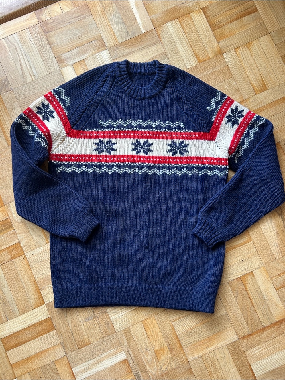Vintage Handmade Navy Crewneck Fair Isle Sweater with Red & White Pattern